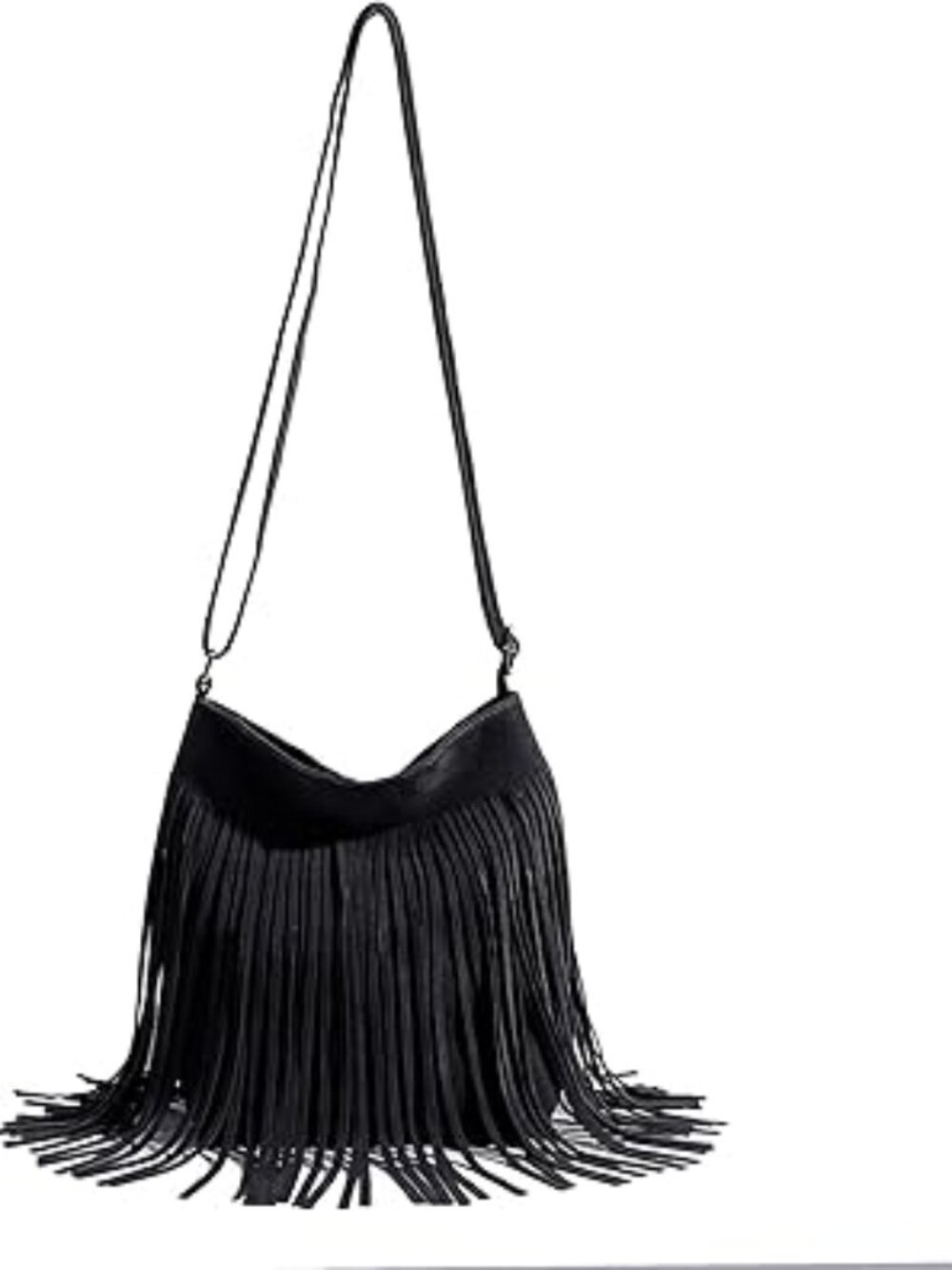 Suede Fringe Shoulder Bag Boho Adjustable Crossbody Purse Hippie Cowgirl Black